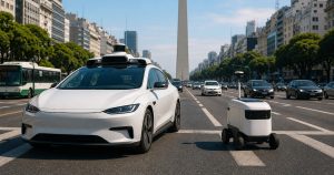 Vehículo autónomo y robot de reparto en una avenida porteña, imagen ilustrativa sobre las pruebas habilitadas en CABA