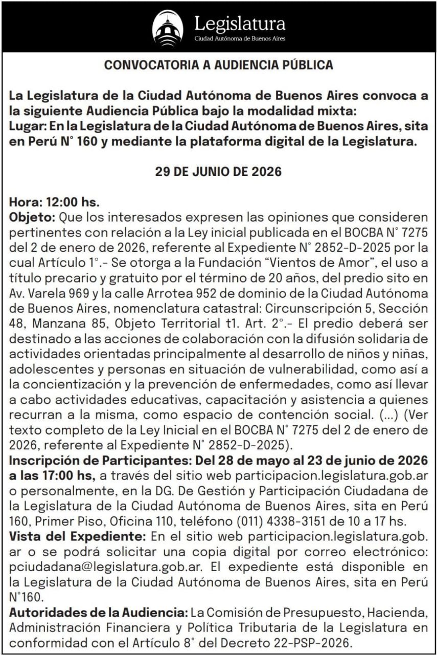 Convocatoria a audiencia publica - Legislatura de la Ciudad Autonoma de Buenos Aires